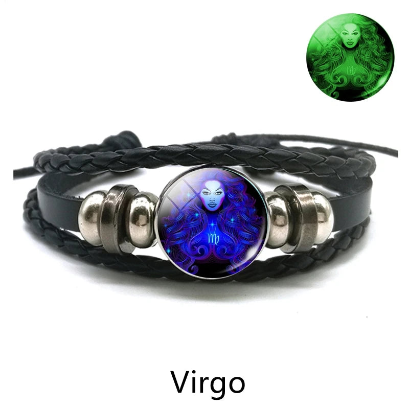 Zodiac Charm Constellation Luminous Leather Bracelet