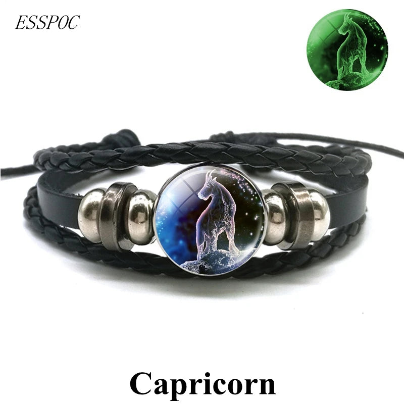 Zodiac Charm Constellation Luminous Leather Bracelet