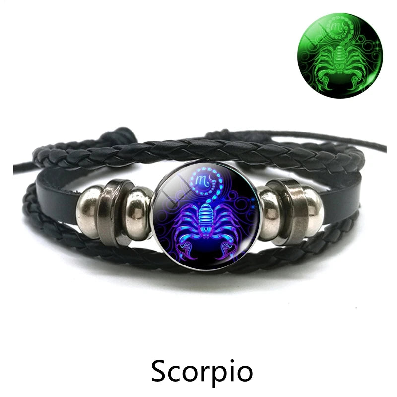 Zodiac Charm Constellation Luminous Leather Bracelet