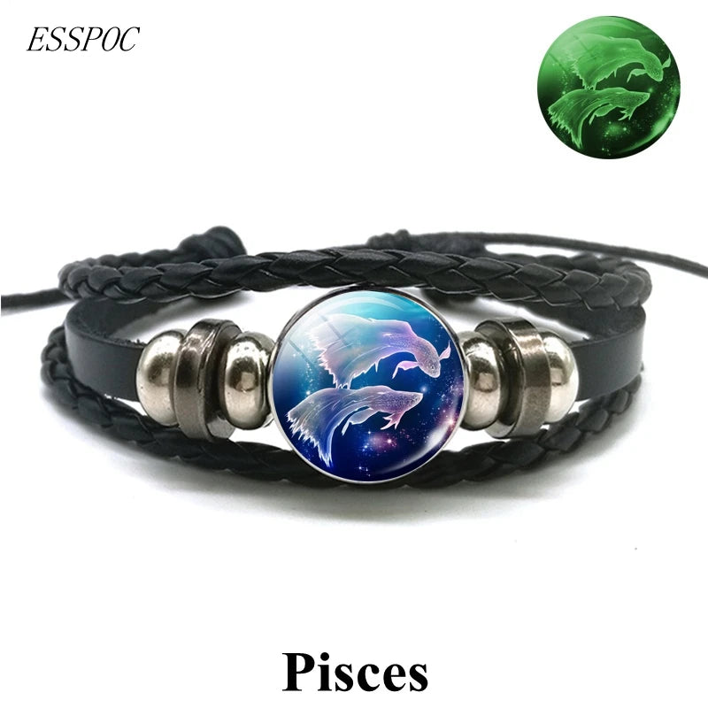 Zodiac Charm Constellation Luminous Leather Bracelet