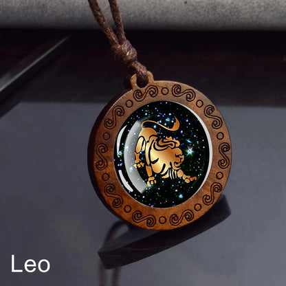 Zodiac Sign Rope Chain Constellation Wooden Pendant Necklace