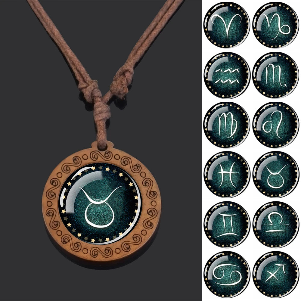 Zodiac Sign Constellation Glass Dome Vintage Wood Pendant Necklace