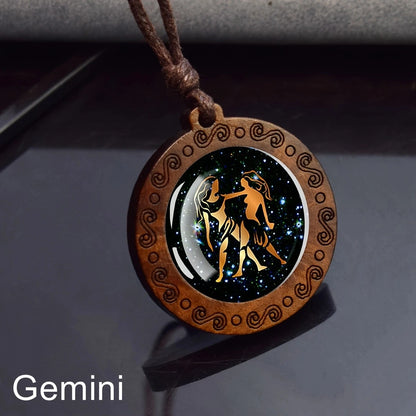 Zodiac Sign Rope Chain Constellation Wooden Pendant Necklace