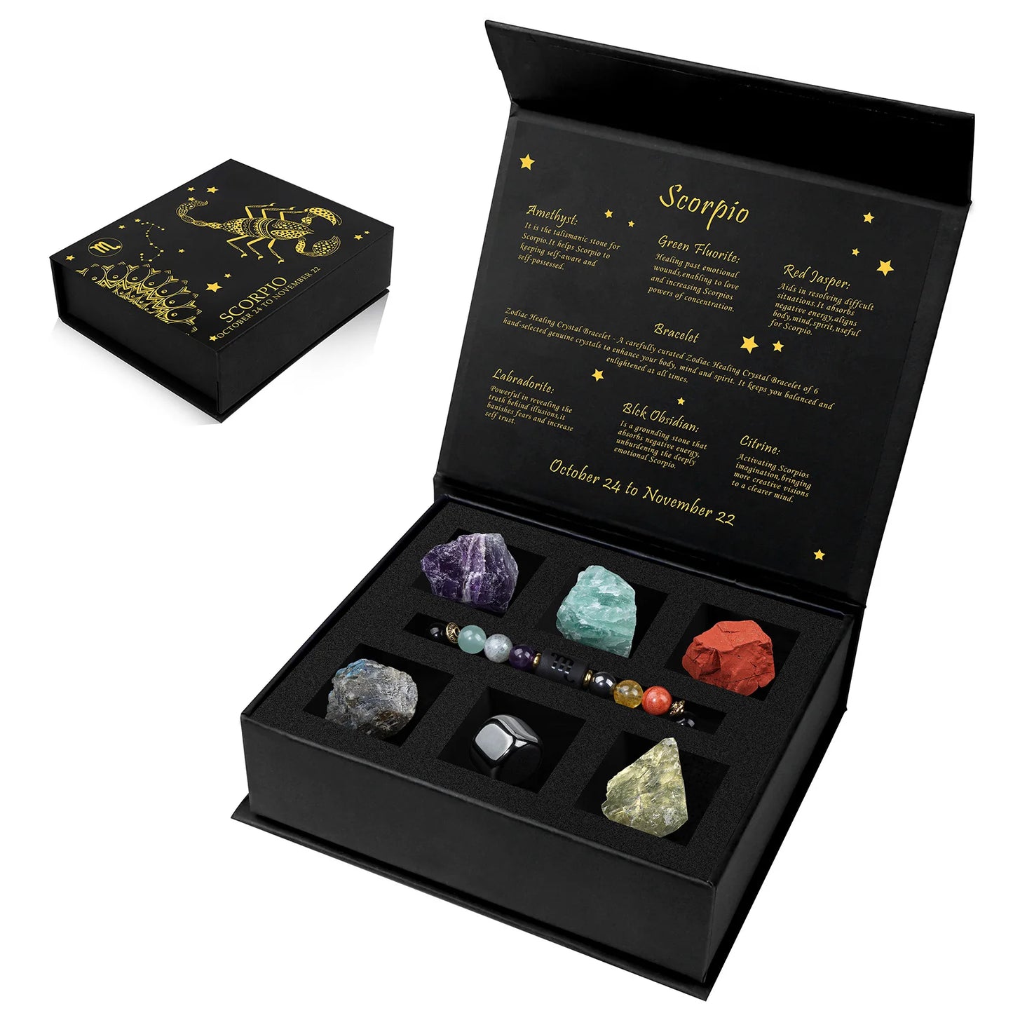 Constellation Zodiac Sign Gift Box - Lapis Lazuli Amethysts Rope Bracelet With Raw Stone