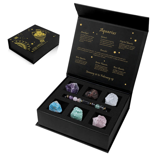 Constellation Zodiac Sign Gift Box - Lapis Lazuli Amethysts Rope Bracelet With Raw Stone