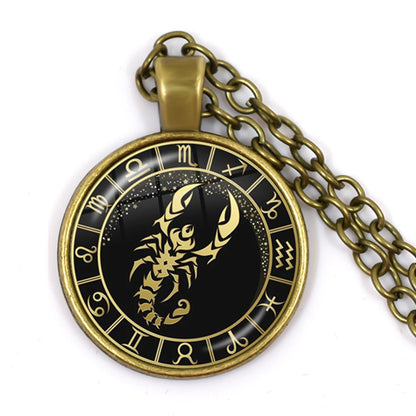 Constellation Pendant Antique Bronze Glass Dome Zodiac Necklace