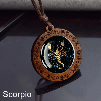 Zodiac Sign Rope Chain Constellation Wooden Pendant Necklace