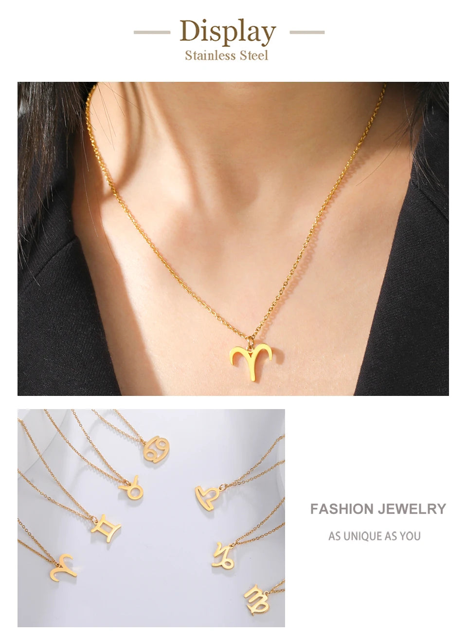 Zodiac Sign Stainless Steel or Gold Plated Pendant Necklace