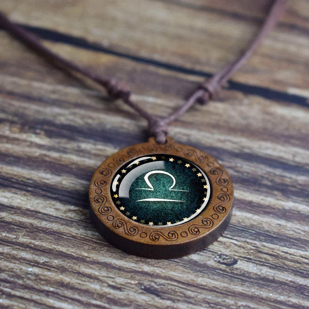 Zodiac Sign Constellation Glass Dome Vintage Wood Pendant Necklace