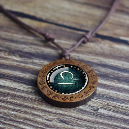 Zodiac Sign Constellation Glass Dome Vintage Wood Pendant Necklace