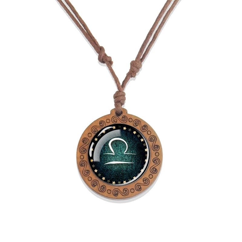 Zodiac Sign Constellation Glass Dome Vintage Wood Pendant Necklace