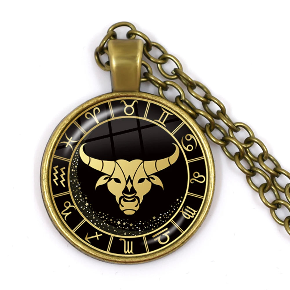 Constellation Pendant Antique Bronze Glass Dome Zodiac Necklace