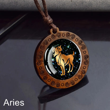 Zodiac Sign Rope Chain Constellation Wooden Pendant Necklace