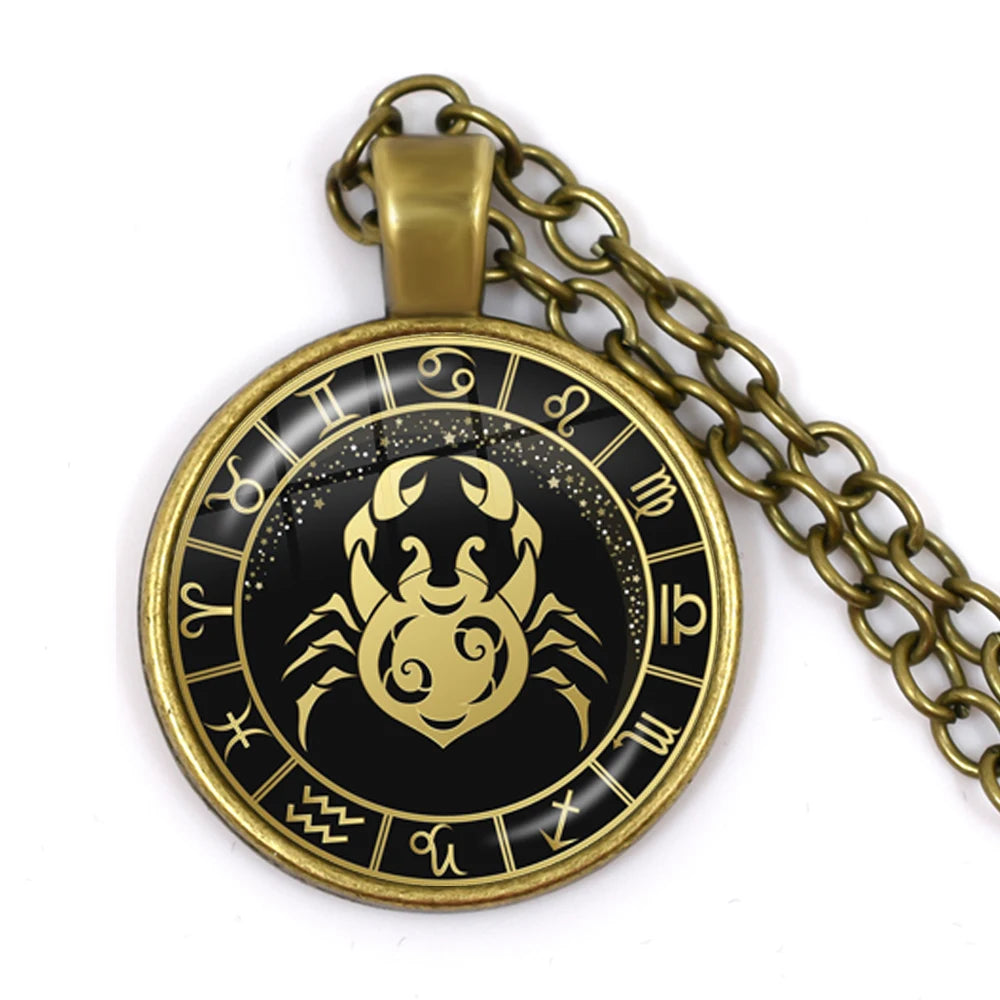 Constellation Pendant Antique Bronze Glass Dome Zodiac Necklace