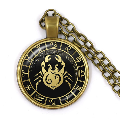 Constellation Pendant Antique Bronze Glass Dome Zodiac Necklace