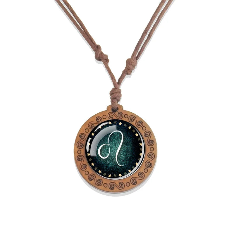 Zodiac Sign Constellation Glass Dome Vintage Wood Pendant Necklace