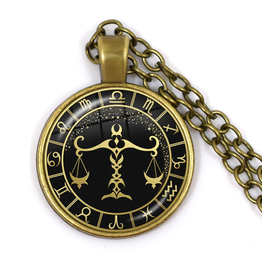 Constellation Pendant Antique Bronze Glass Dome Zodiac Necklace