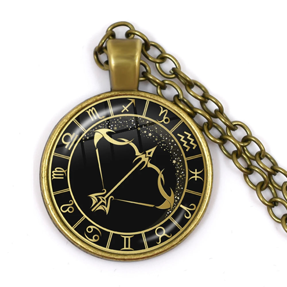 Constellation Pendant Antique Bronze Glass Dome Zodiac Necklace