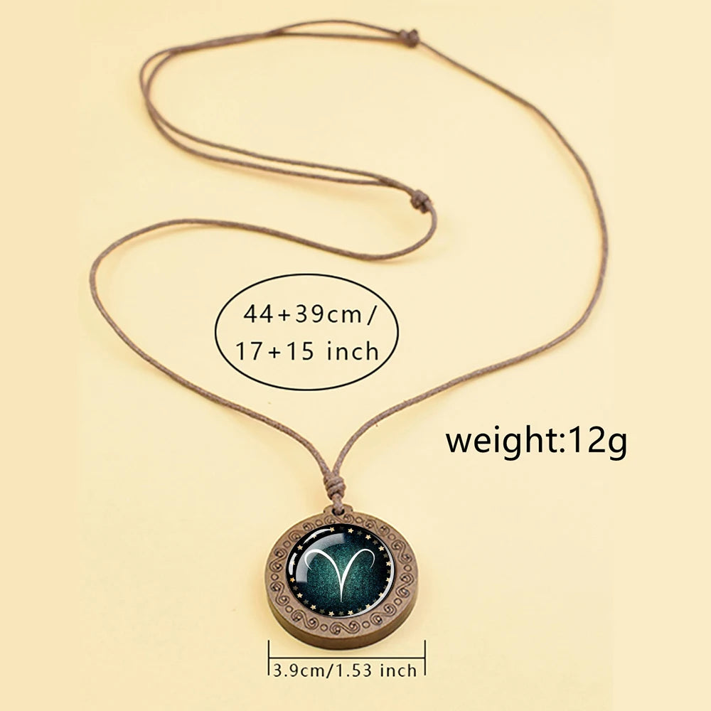 Zodiac Sign Constellation Glass Dome Vintage Wood Pendant Necklace