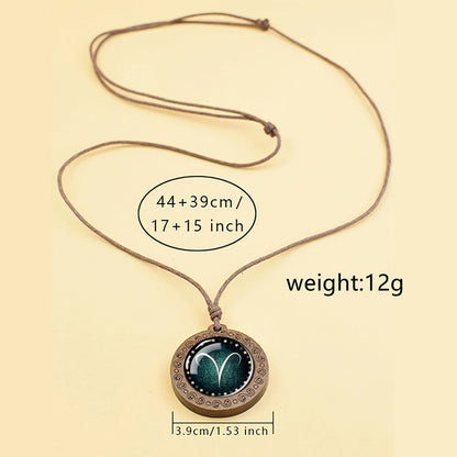 Zodiac Sign Constellation Glass Dome Vintage Wood Pendant Necklace
