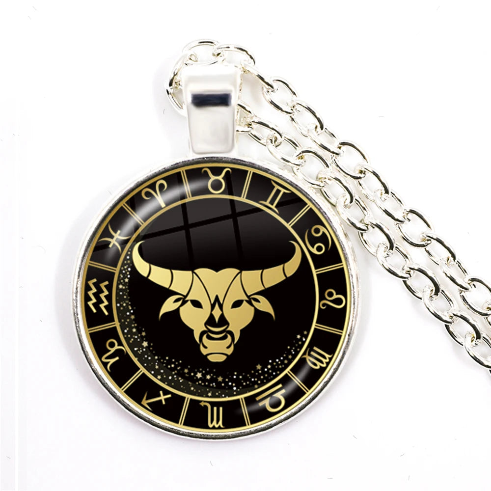 Constellation Pendant Antique Bronze Glass Dome Zodiac Necklace