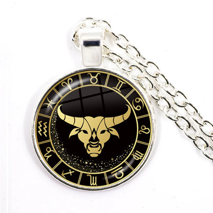 Constellation Pendant Antique Bronze Glass Dome Zodiac Necklace