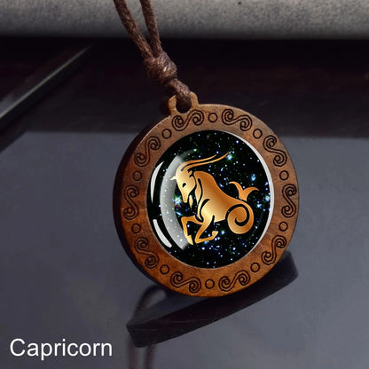 Zodiac Sign Rope Chain Constellation Wooden Pendant Necklace