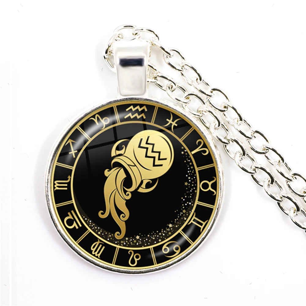 Constellation Pendant Antique Bronze Glass Dome Zodiac Necklace