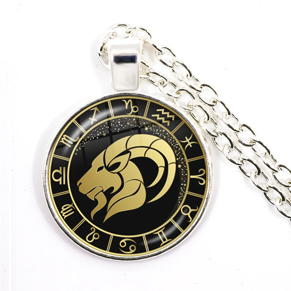 Constellation Pendant Antique Bronze Glass Dome Zodiac Necklace