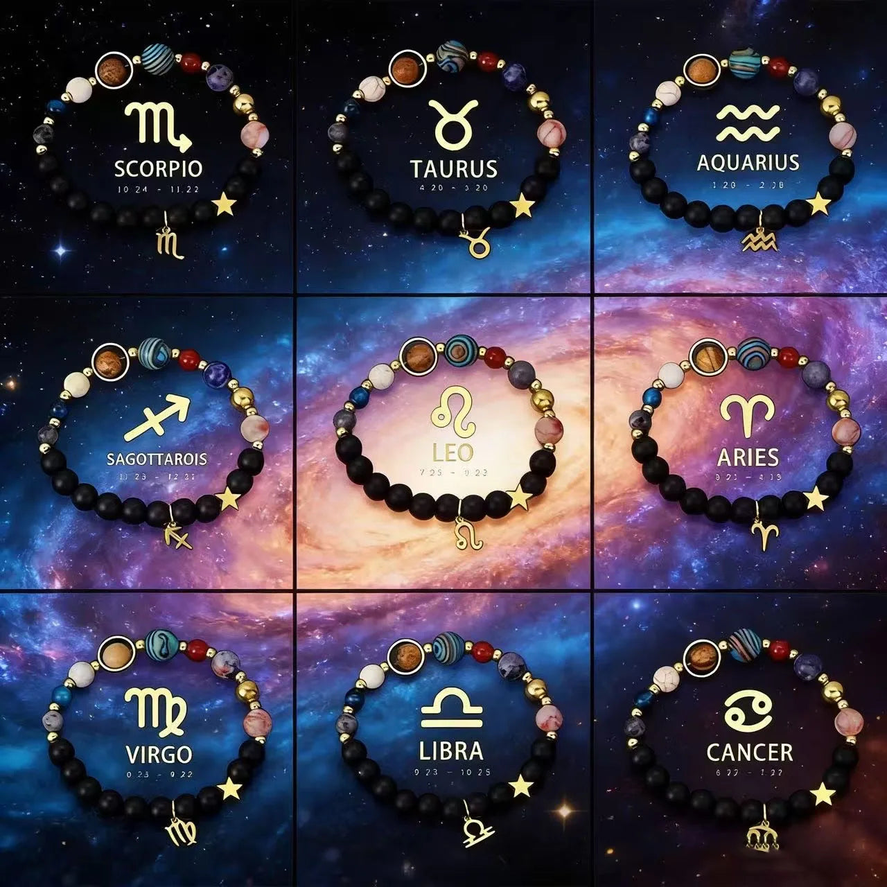 Zodiac Signs Cosmic Galaxies Natural Stone Solar System Constellation Bracelet