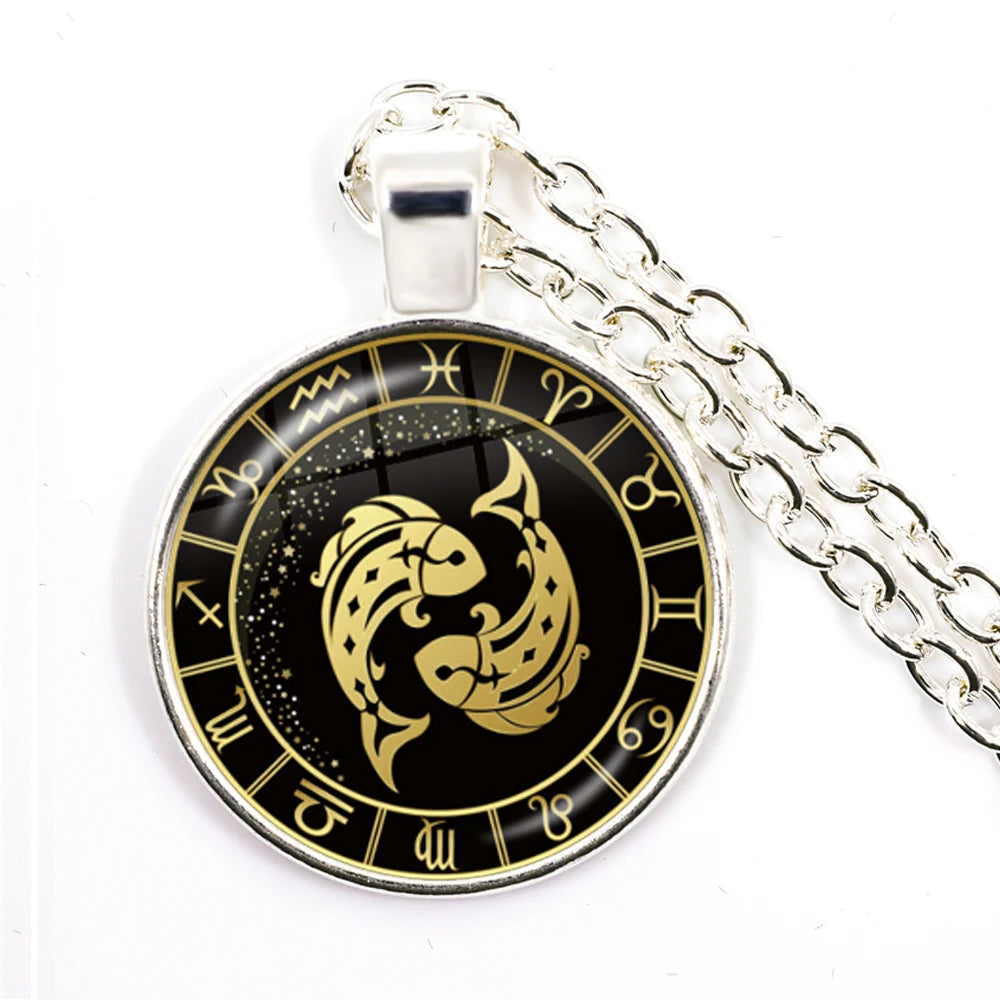 Constellation Pendant Antique Bronze Glass Dome Zodiac Necklace
