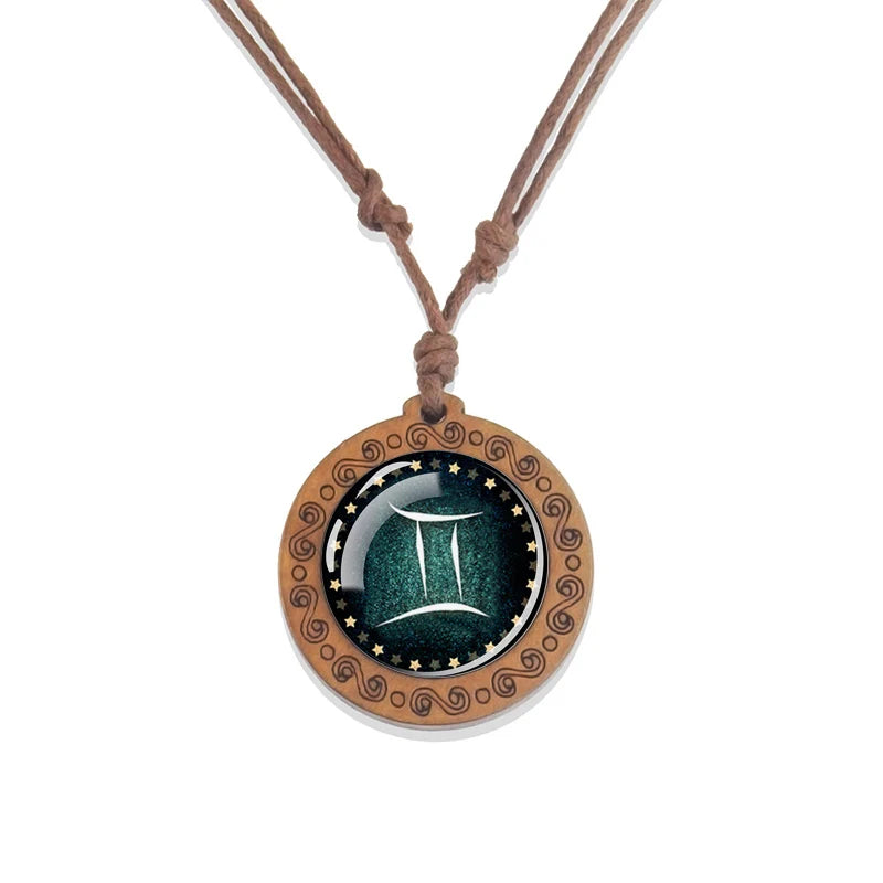 Zodiac Sign Constellation Glass Dome Vintage Wood Pendant Necklace