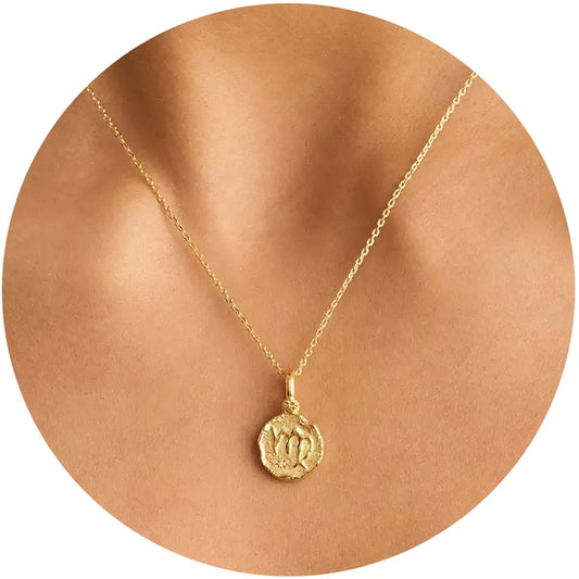Constellation Vintage Zodiac Sign Coin Pendant Stainless Steel Necklace
