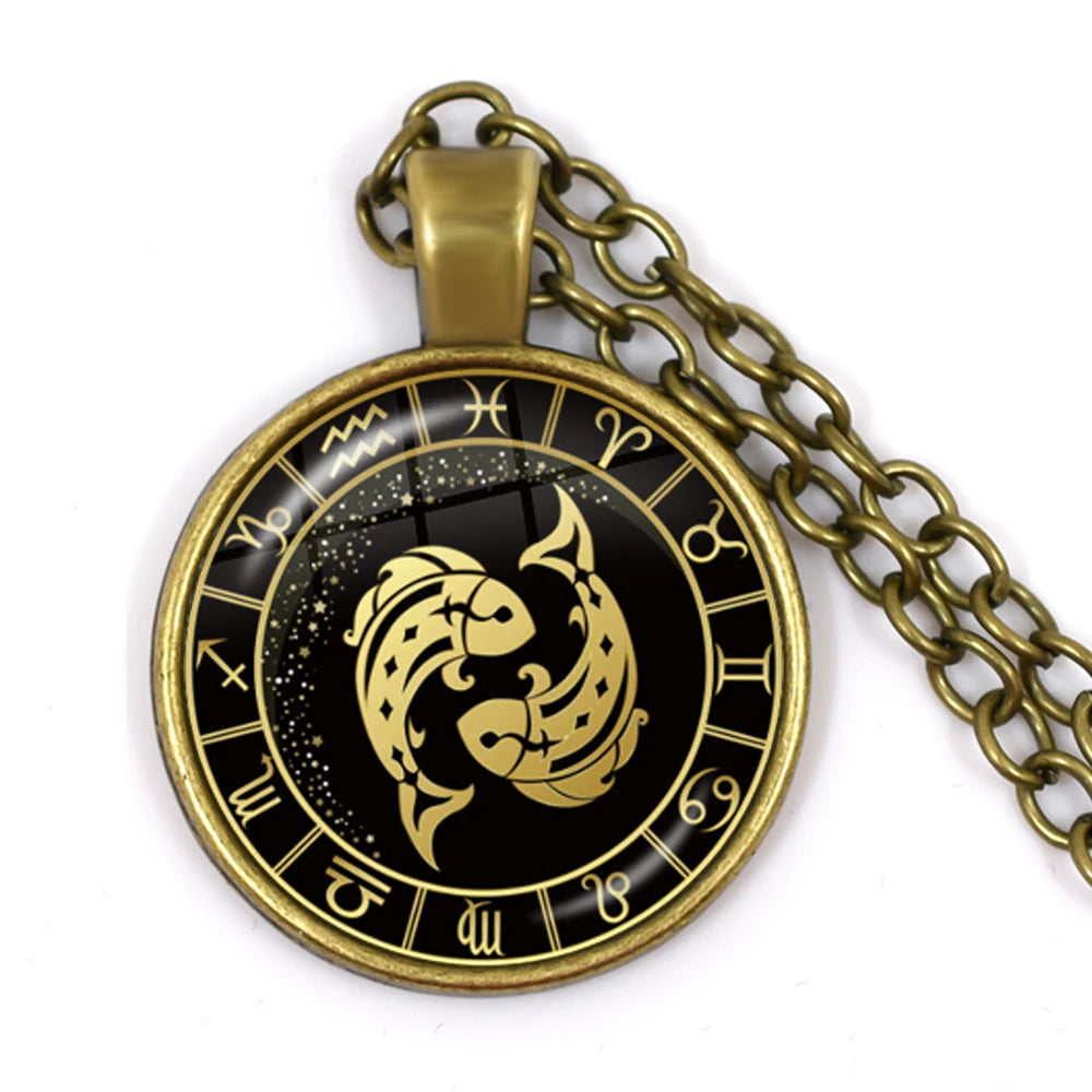 Constellation Pendant Antique Bronze Glass Dome Zodiac Necklace