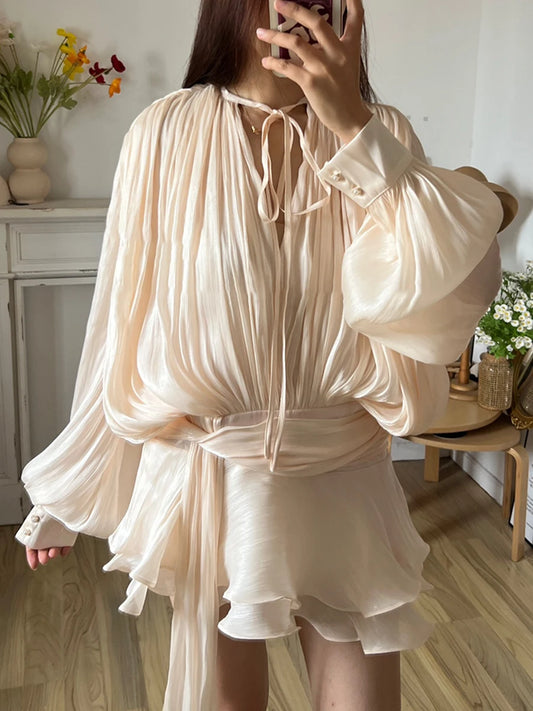 V-Neck Lace-Up Mini Dress with Long Sleeves – Women’s Sweet Style
