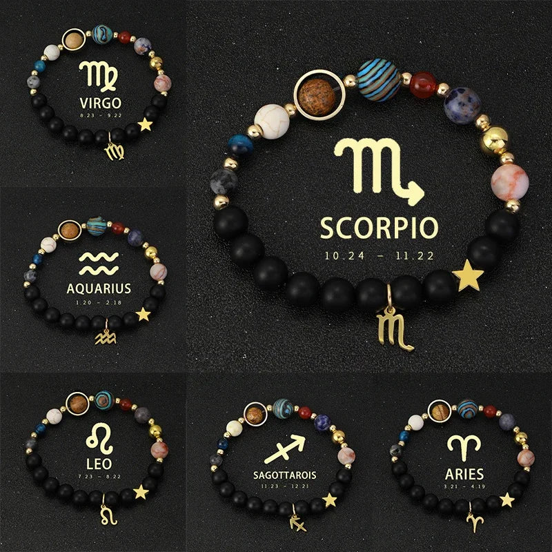 Zodiac Signs Cosmic Galaxies Natural Stone Solar System Constellation Bracelet