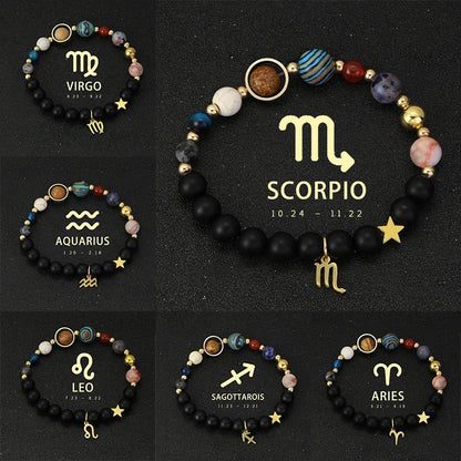Zodiac Signs Cosmic Galaxies Natural Stone Solar System Constellation Bracelet