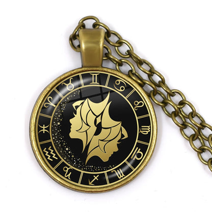 Constellation Pendant Antique Bronze Glass Dome Zodiac Necklace