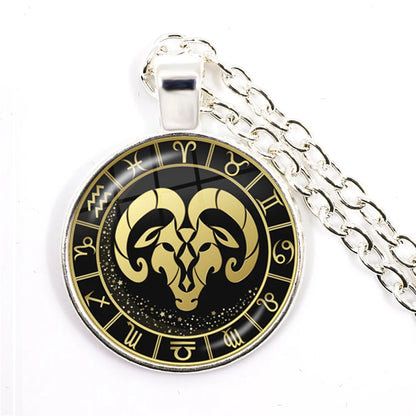 Constellation Pendant Antique Bronze Glass Dome Zodiac Necklace