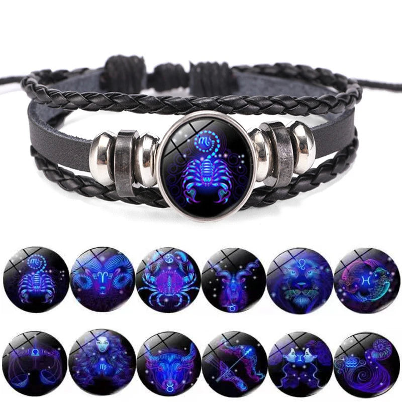 Zodiac Sign Constellation Charm Luminous Weave Leather and Bangle Bracelet
