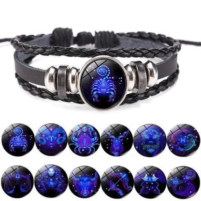 Zodiac Sign Constellation Charm Luminous Weave Leather and Bangle Bracelet