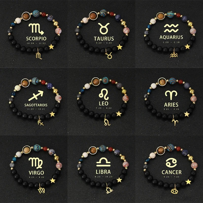 Zodiac Signs Cosmic Galaxies Natural Stone Solar System Constellation Bracelet