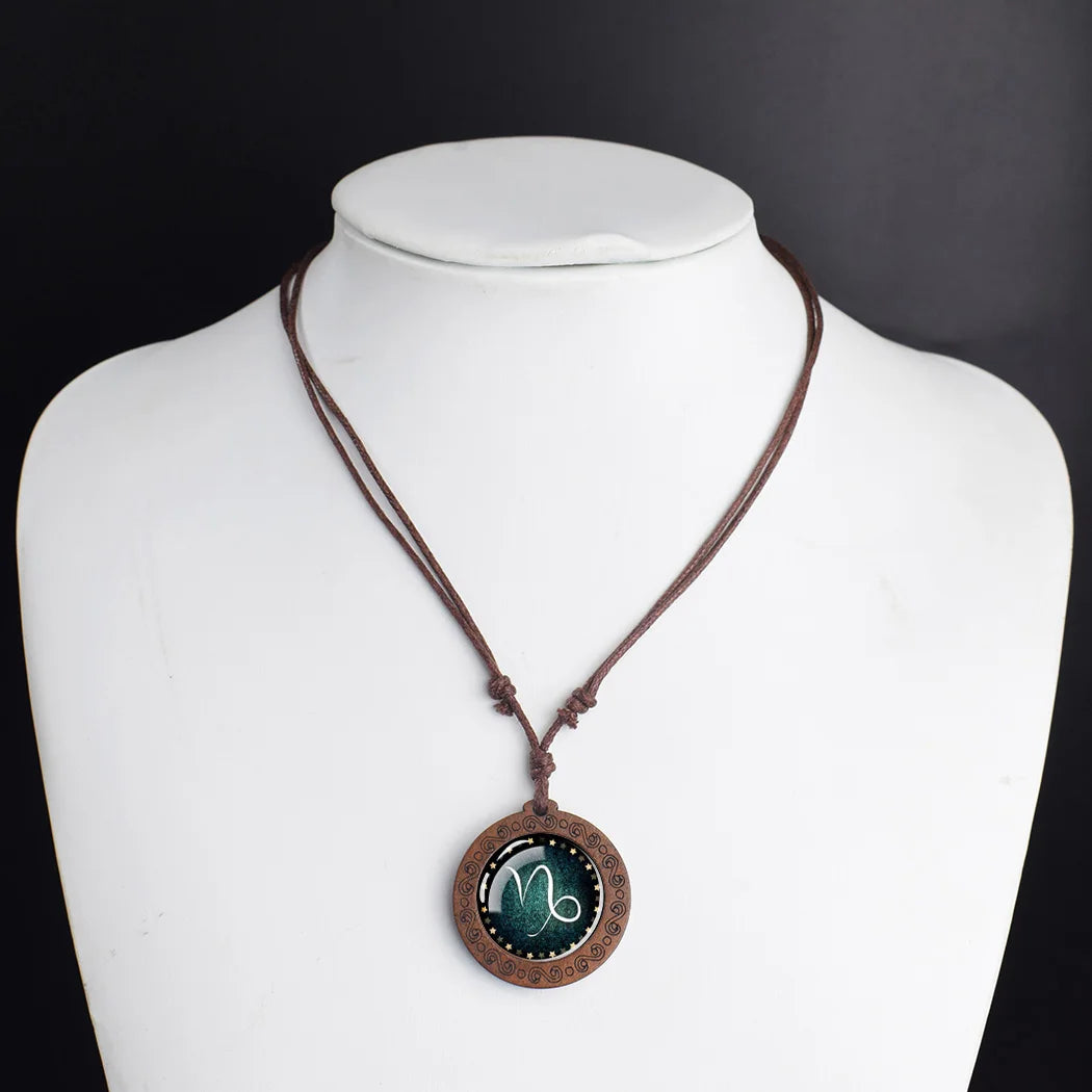 Zodiac Sign Constellation Glass Dome Vintage Wood Pendant Necklace