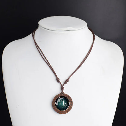 Zodiac Sign Constellation Glass Dome Vintage Wood Pendant Necklace