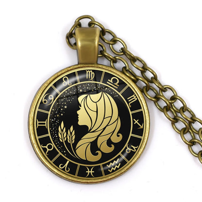 Constellation Pendant Antique Bronze Glass Dome Zodiac Necklace