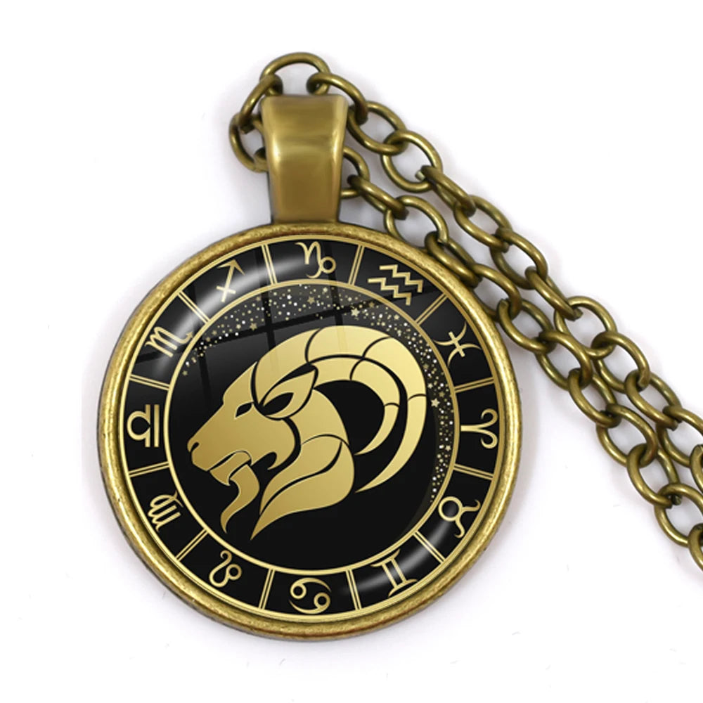 Constellation Pendant Antique Bronze Glass Dome Zodiac Necklace