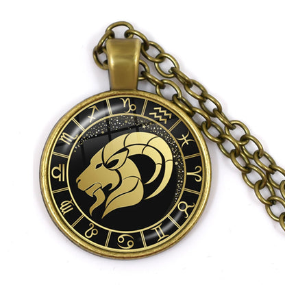 Constellation Pendant Antique Bronze Glass Dome Zodiac Necklace