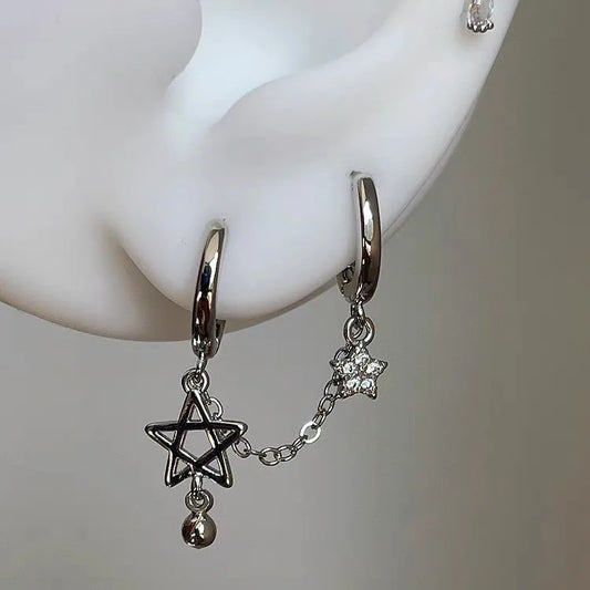 Silver Star Chain Earring – Double Ear Hole Y2K Stainless Steel Jewelry