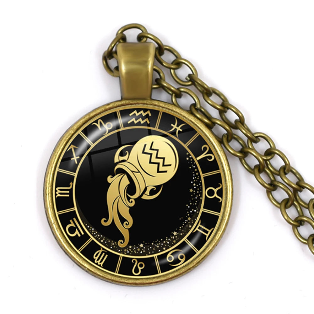 Constellation Pendant Antique Bronze Glass Dome Zodiac Necklace