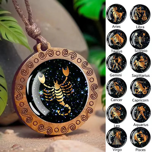 Vintage Zodiac Sign Glass Wooden Long Rope Chain Necklace